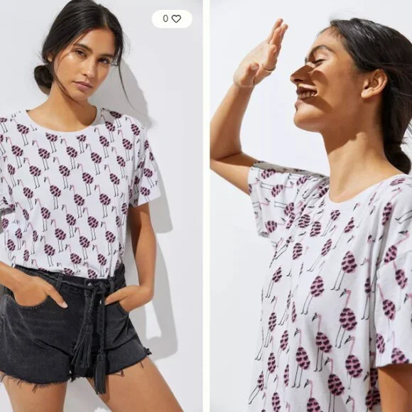 Anthropologie Kendra Dandy Flamingo Printed Tee in Gray/Grey/Pink Large - Picture 1 of 11